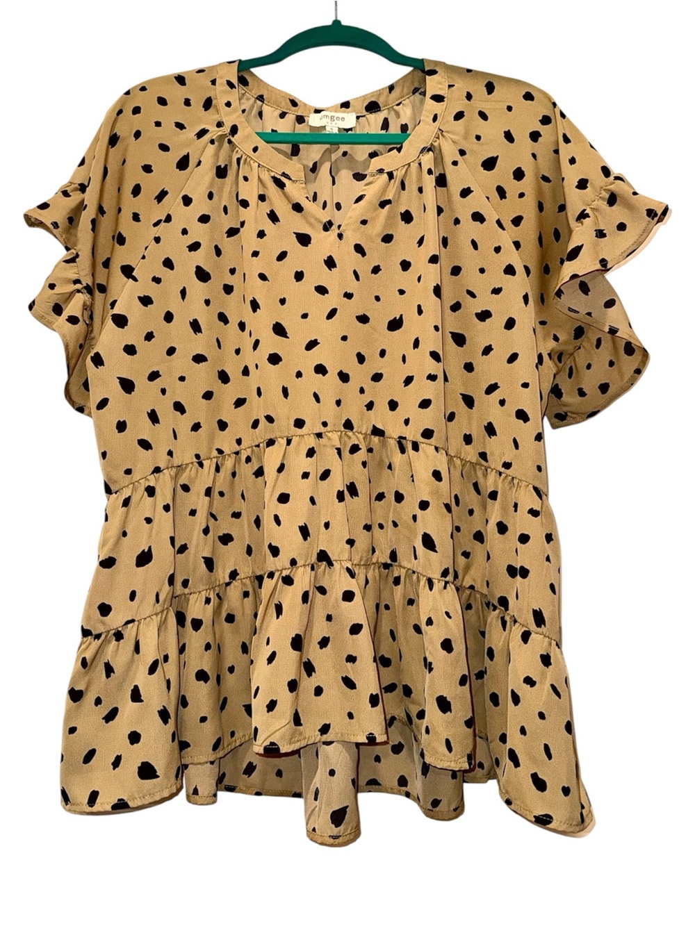 Umgee Tan & Black Dotted-Animal Print Ruffle-Tiered Vneck-Notched Blouse, SMALL!
